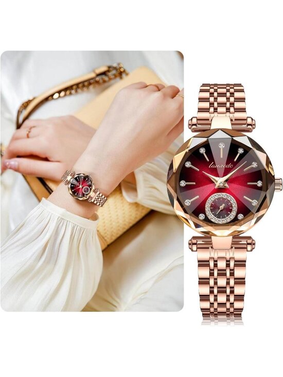 Womens Gold Red Elegant Stainless Steel Analog Creative Diamond Dial Wrist Watch main image 5
